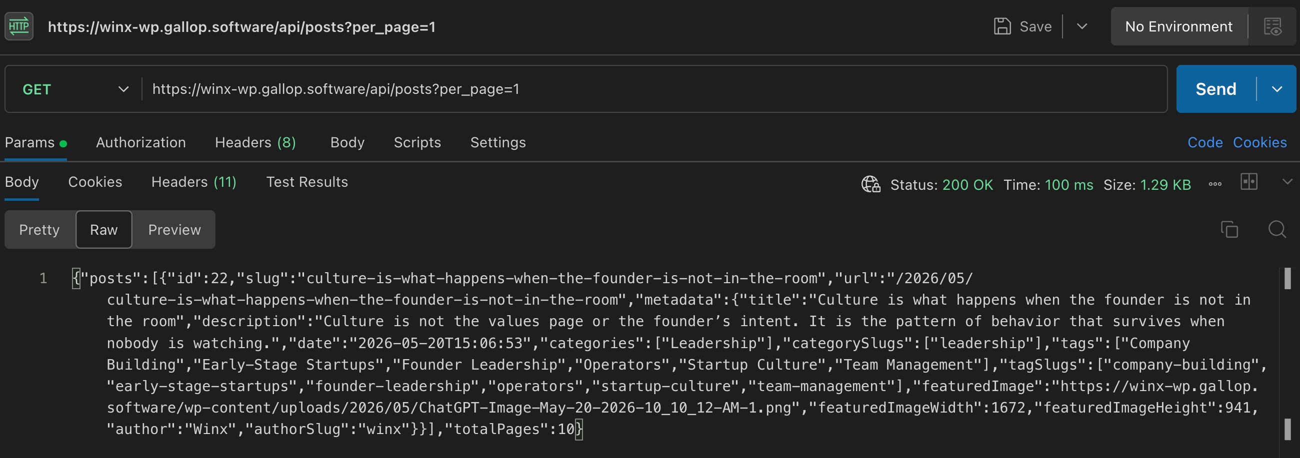 A request to /gallop/v1/post returning post, SEO, and site data